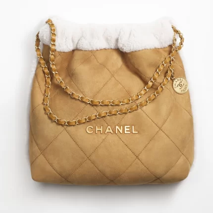 CHANEL / CHANEL 22 HANDBAG Shearling Suede Lambskin & Gold-Tone Metal Beige & White