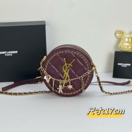 YSL round bun bag with chain strap Wine red size: 17cm