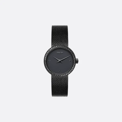D The de Dior watch is 25 mm in diameter, black matte steel and black diamonds